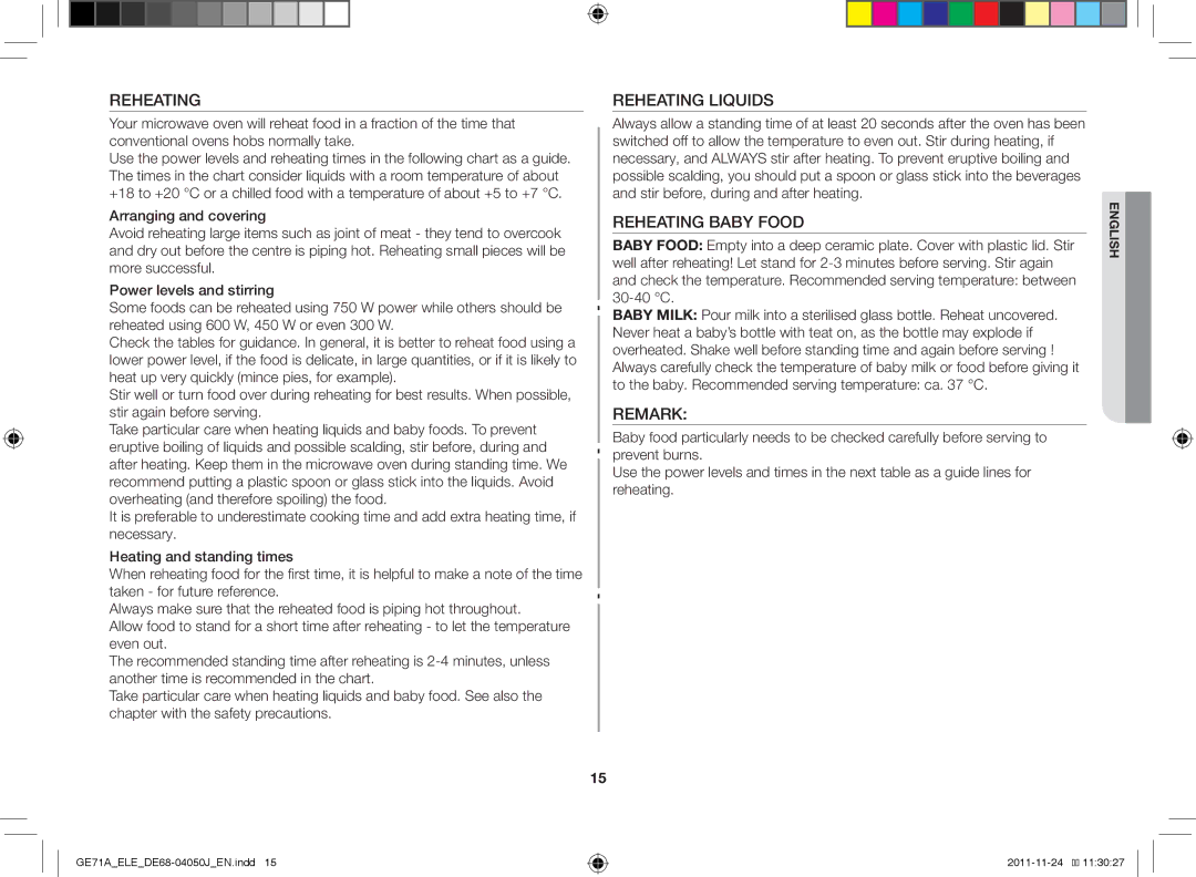 Samsung GE71A/ELE, GE71A/XEO manual Reheating Liquids, Reheating Baby Food, Remark 