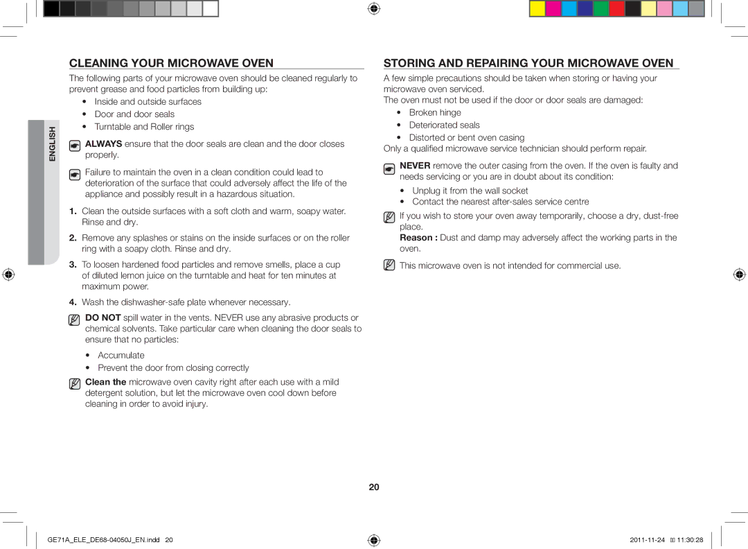 Samsung GE71A/XEO, GE71A/ELE manual Cleaning your microwave oven, Storing and repairing your microwave oven 