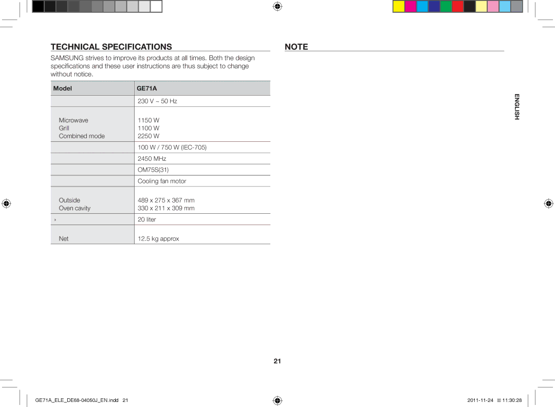 Samsung GE71A/ELE, GE71A/XEO manual Technical specifications, Model 