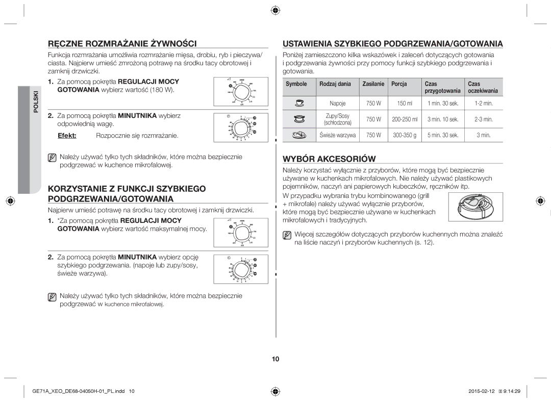 Samsung GE71A/XEO Ręczne rozmrażanie żywności, Korzystanie z funkcji szybkiego podgrzewania/gotowania, Wybór akcesoriów 