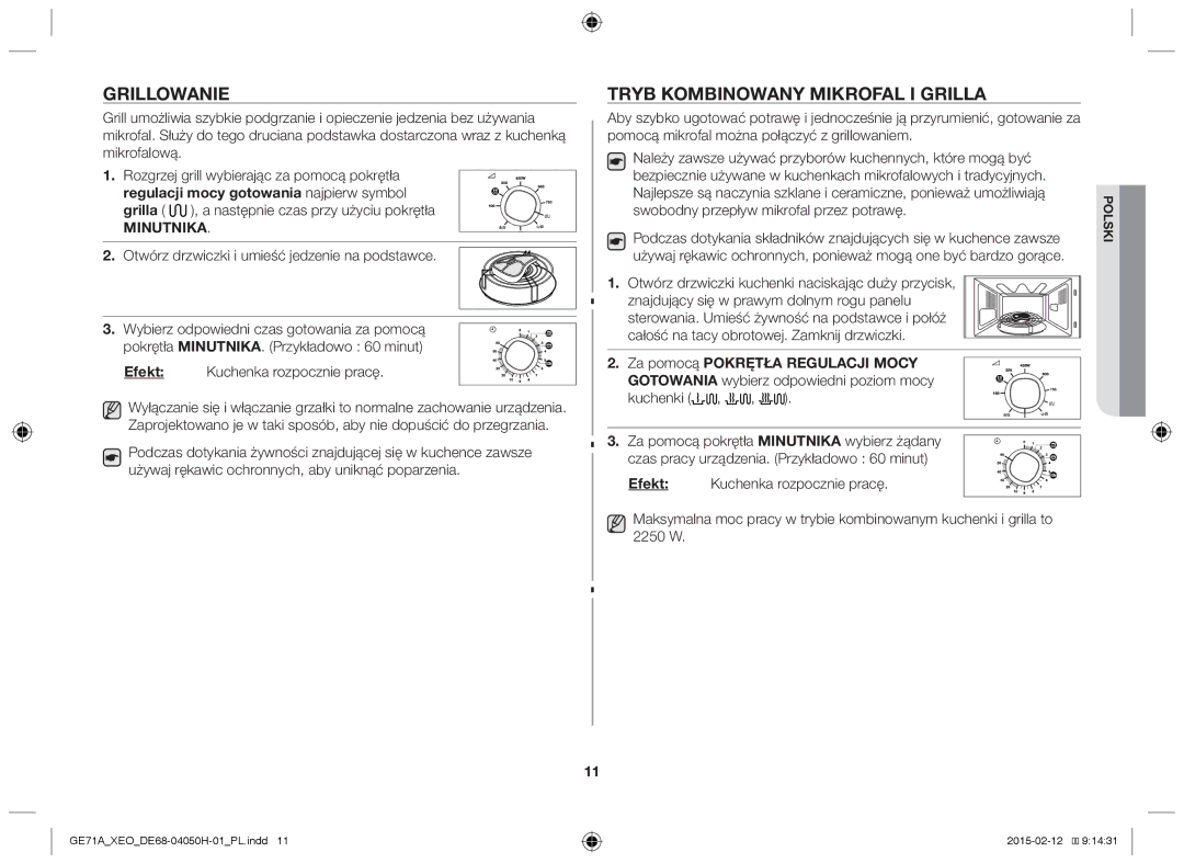 Samsung GE71A/ELE, GE71A/XEO manual Grillowanie, Tryb kombinowany mikrofal i grilla 