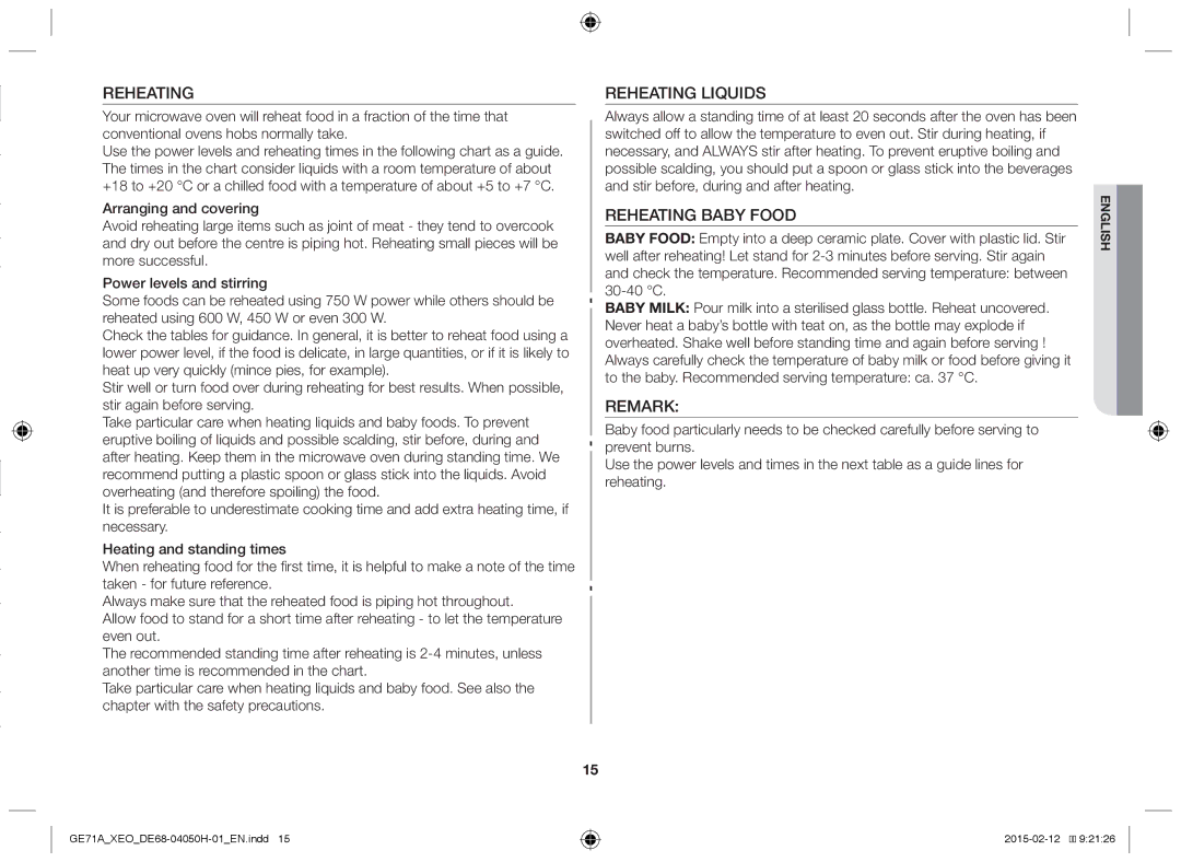 Samsung GE71A/ELE, GE71A/XEO manual Reheating Liquids, Reheating Baby Food, Remark 