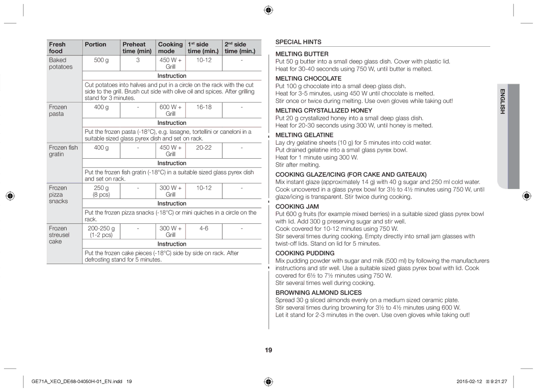 Samsung GE71A/ELE manual Potatoes, Stand for 3 minutes Frozen, Gratin, Set on rack Frozen, Pizza, Snacks Instruction 