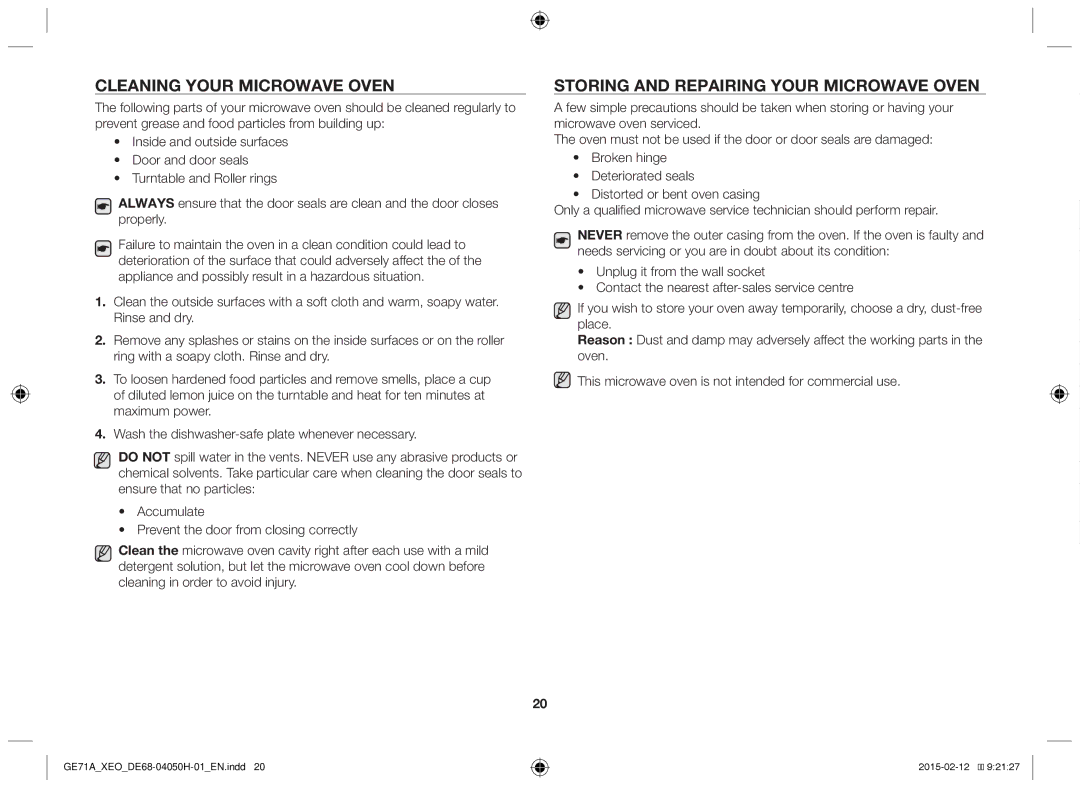 Samsung GE71A/XEO, GE71A/ELE manual Cleaning your microwave oven, Storing and repairing your microwave oven 