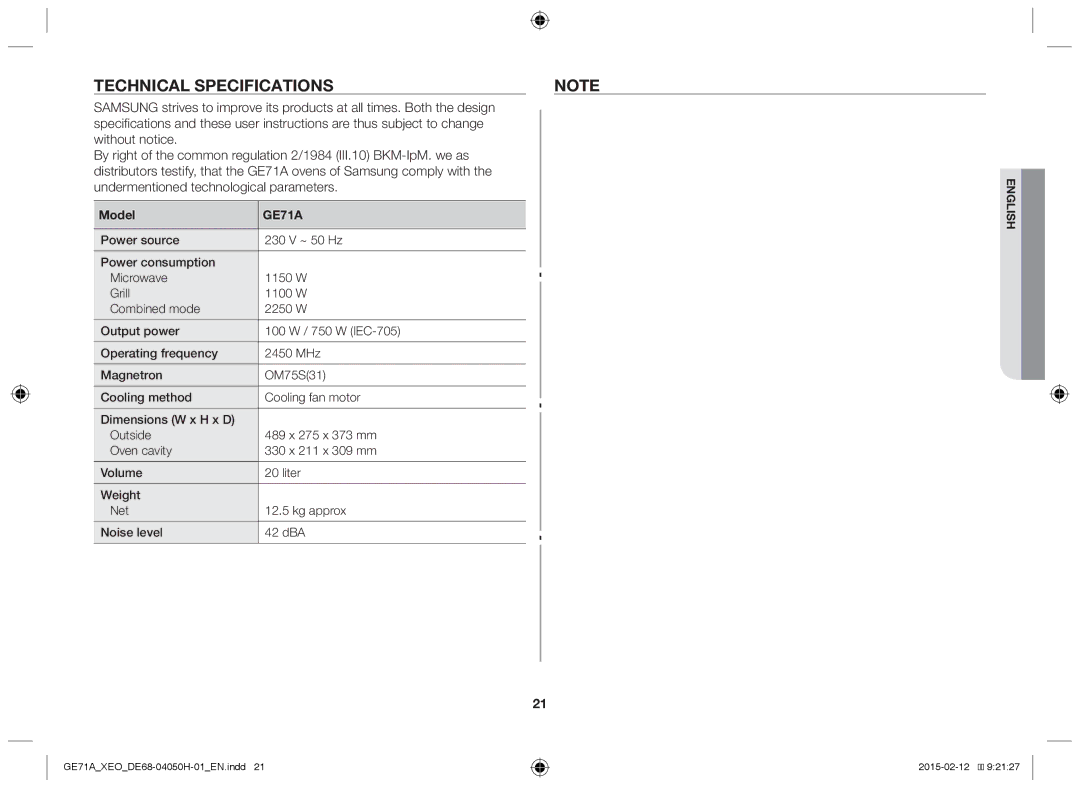 Samsung GE71A/ELE, GE71A/XEO manual Technical specifications, Model 