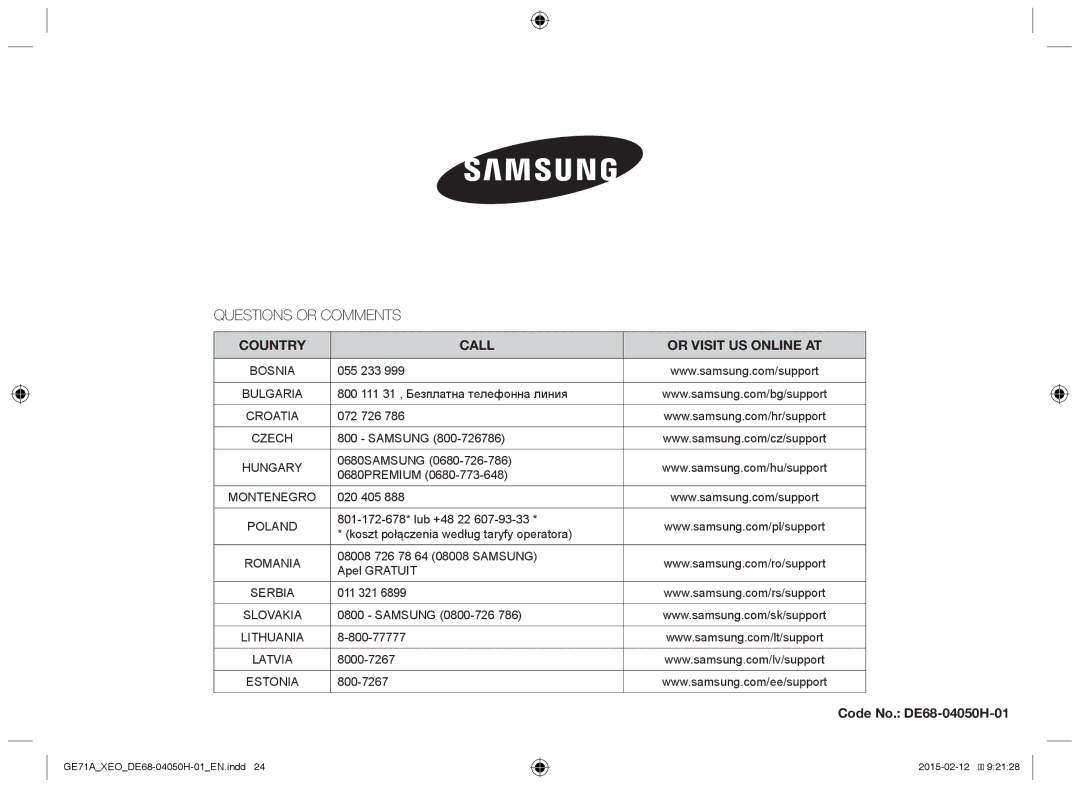 Samsung GE71A/XEO, GE71A/ELE manual Questions or Comments, Code No. DE68-04050H-01 