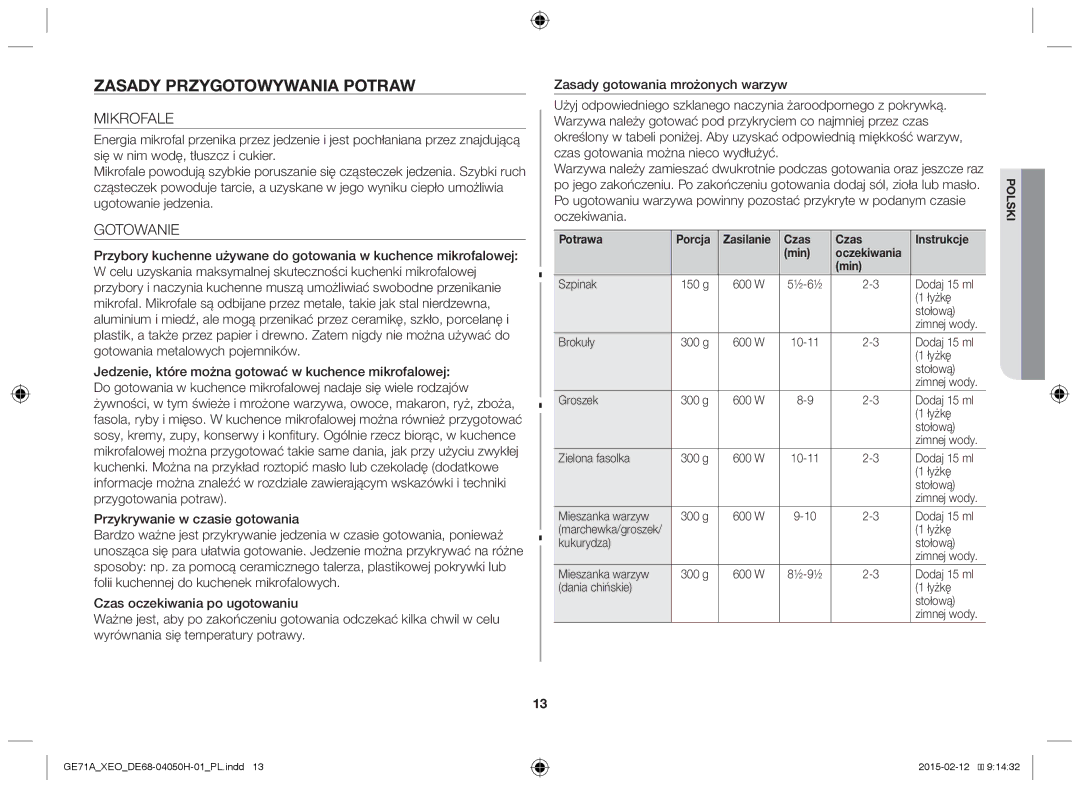 Samsung GE71A/ELE manual Zasady przygotowywania potraw, Mikrofale, Gotowanie, Potrawa Porcja Zasilanie Czas Instrukcje Min 