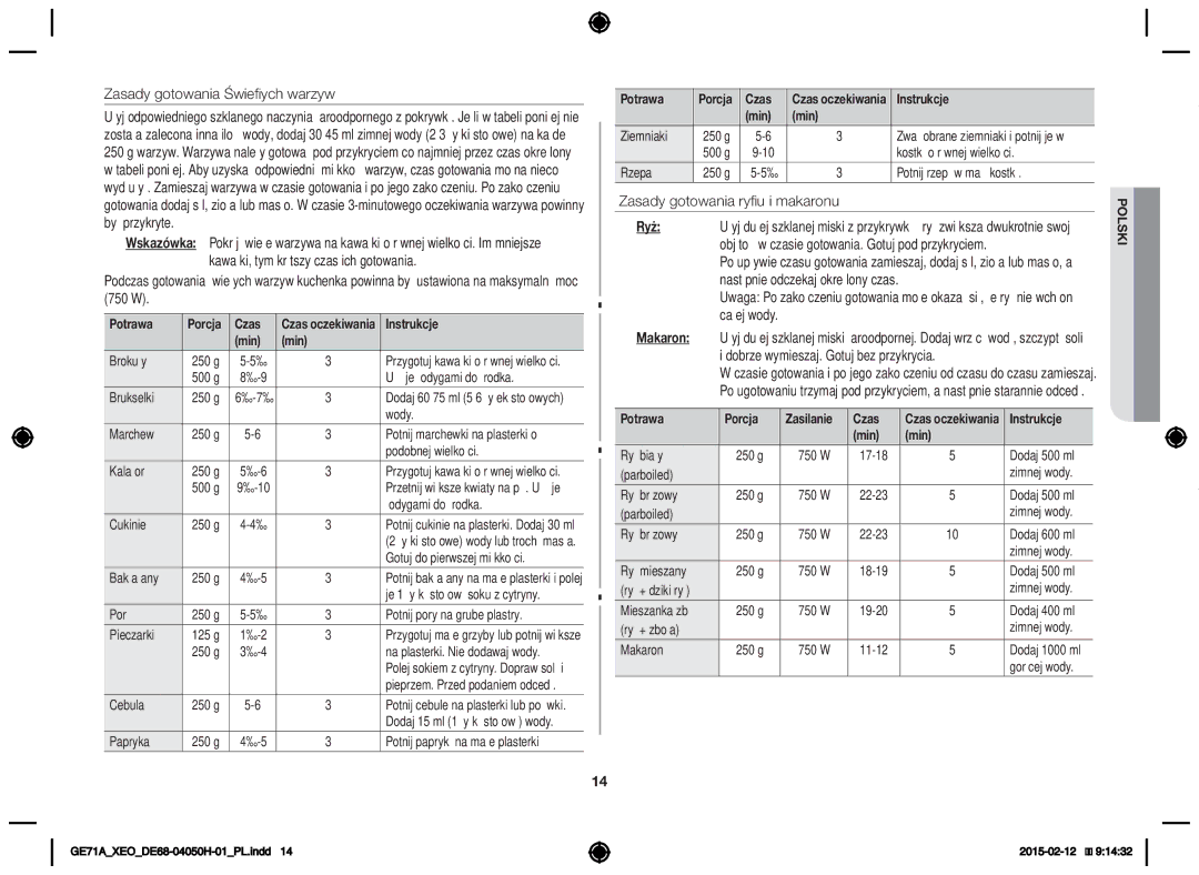 Samsung GE71A/XEO, GE71A/ELE manual Zasady gotowania świeżych warzyw, Zasady gotowania ryżu i makaronu, Potrawa 