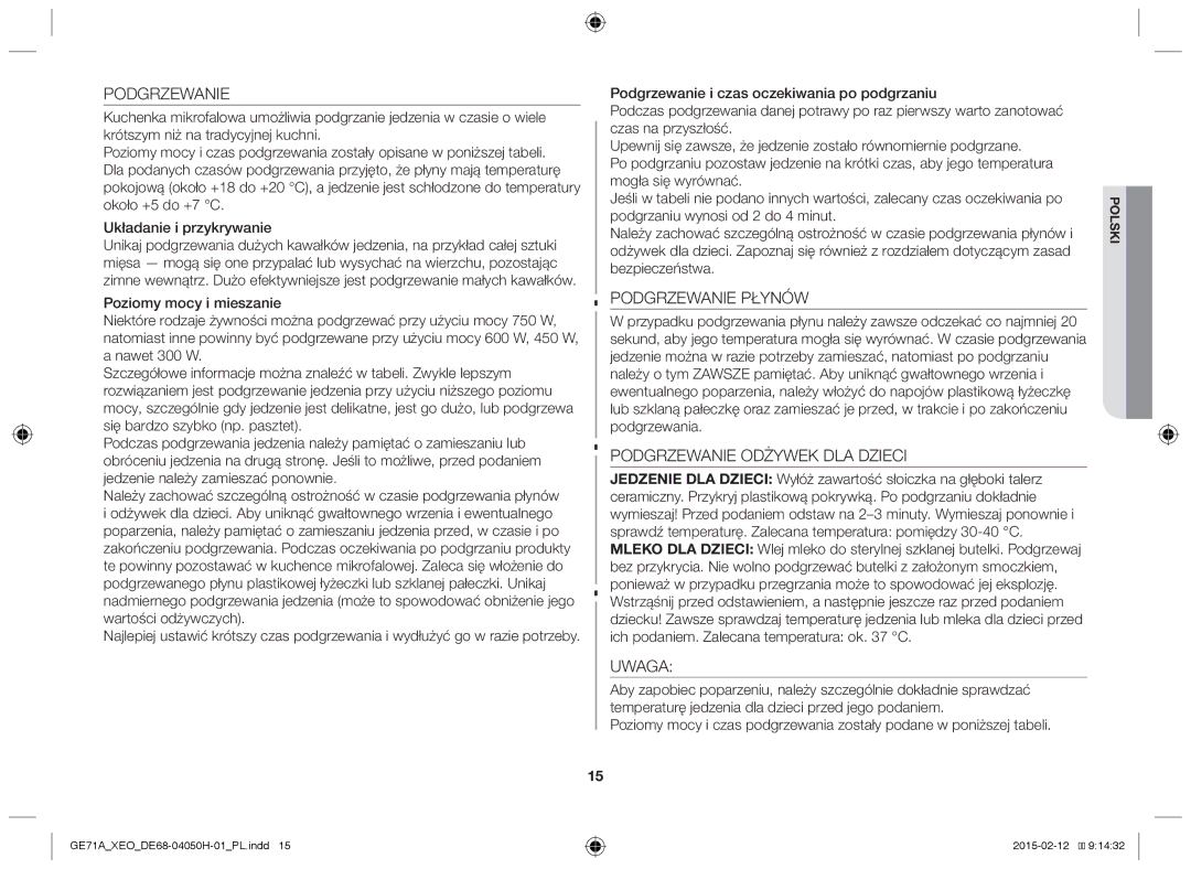 Samsung GE71A/ELE, GE71A/XEO manual Podgrzewanie Płynów, Podgrzewanie Odżywek DLA Dzieci, Uwaga 