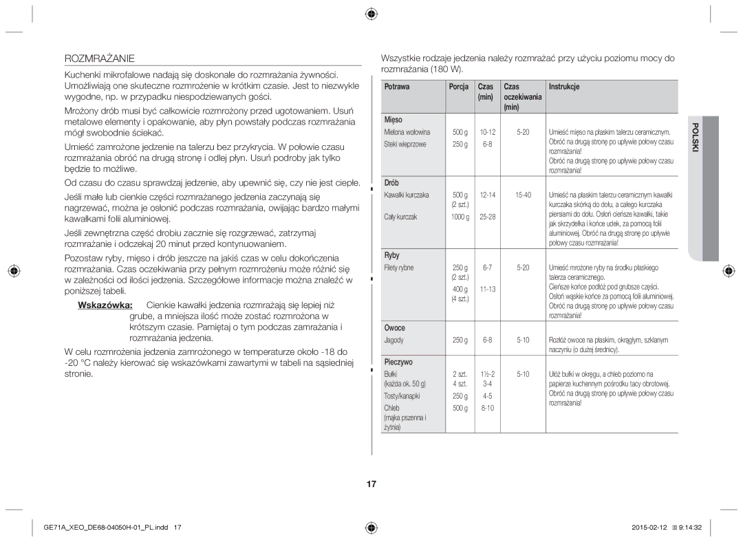 Samsung GE71A/ELE, GE71A/XEO manual Rozmrażanie, Drób, Ryby, Pieczywo 