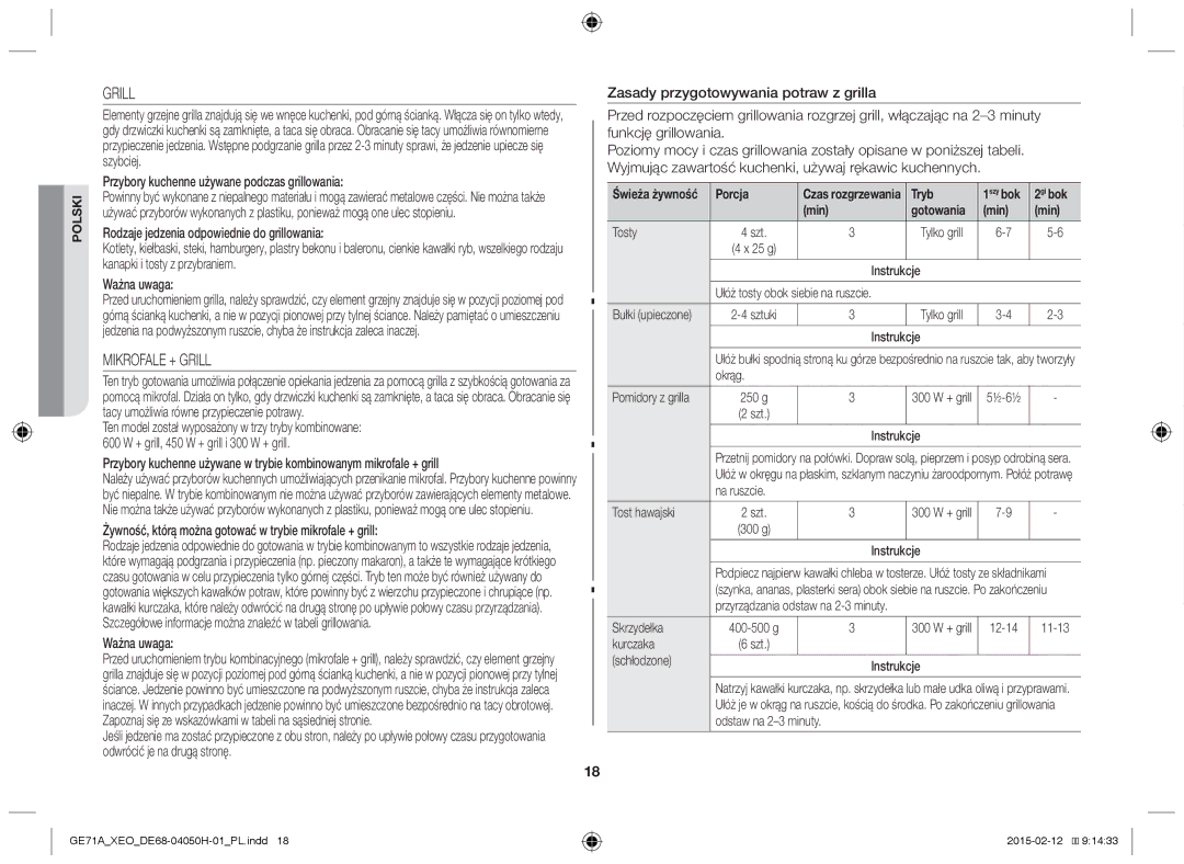 Samsung GE71A/XEO, GE71A/ELE manual Mikrofale + Grill, Przybory kuchenne używane podczas grillowania 