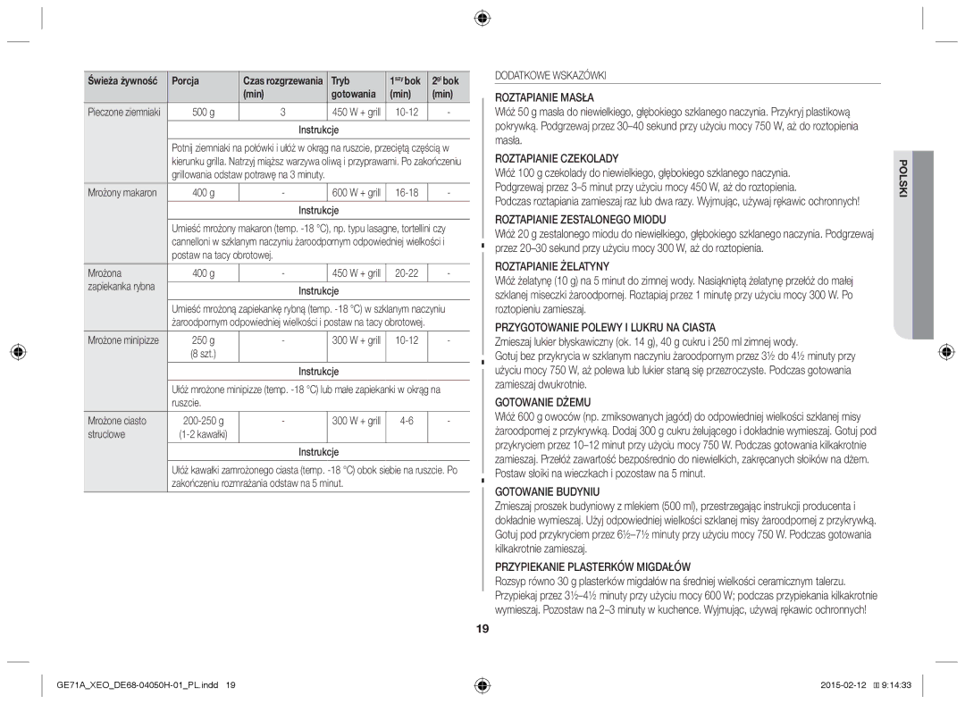 Samsung GE71A/ELE manual Tryb 1szy bok 2gi bok Min, Postaw na tacy obrotowej Mrożona, Ruszcie Mrożone ciasto, Struclowe 