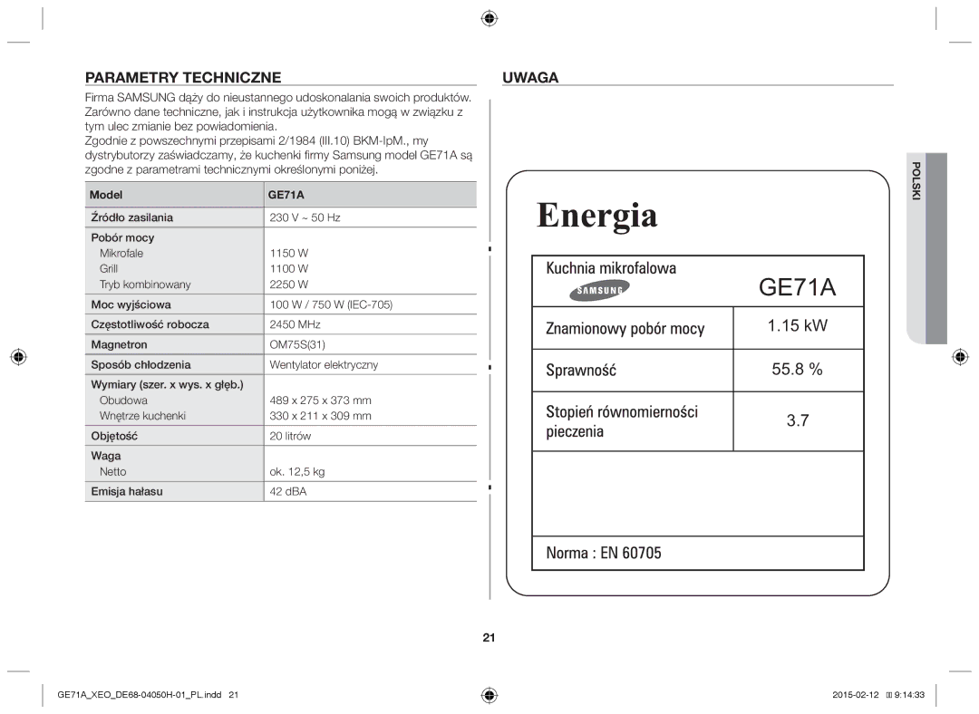 Samsung GE71A/ELE, GE71A/XEO manual Parametry techniczne Uwaga, Model 