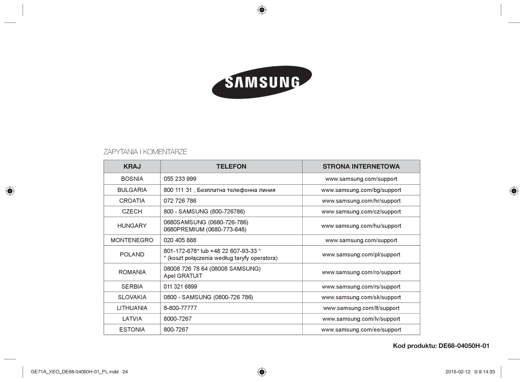 Samsung GE71A/XEO, GE71A/ELE manual Zapytania I Komentarze, Kod produktu DE68-04050H-01 