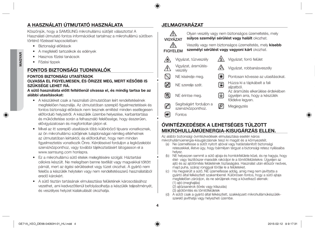 Samsung GE71A/XEO, GE71A/ELE manual Használati útmutató használata, Jelmagyarázat, Fontos biztonsági tudnivalók 