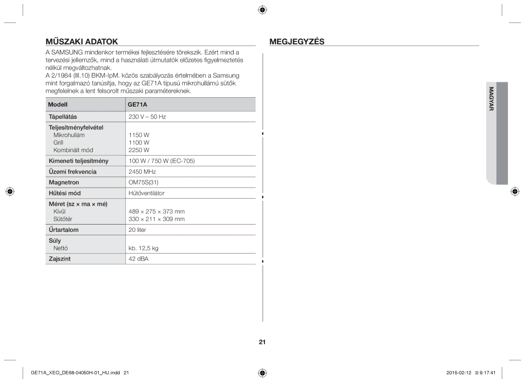 Samsung GE71A/ELE, GE71A/XEO manual Műszaki adatok Megjegyzés, Modell 