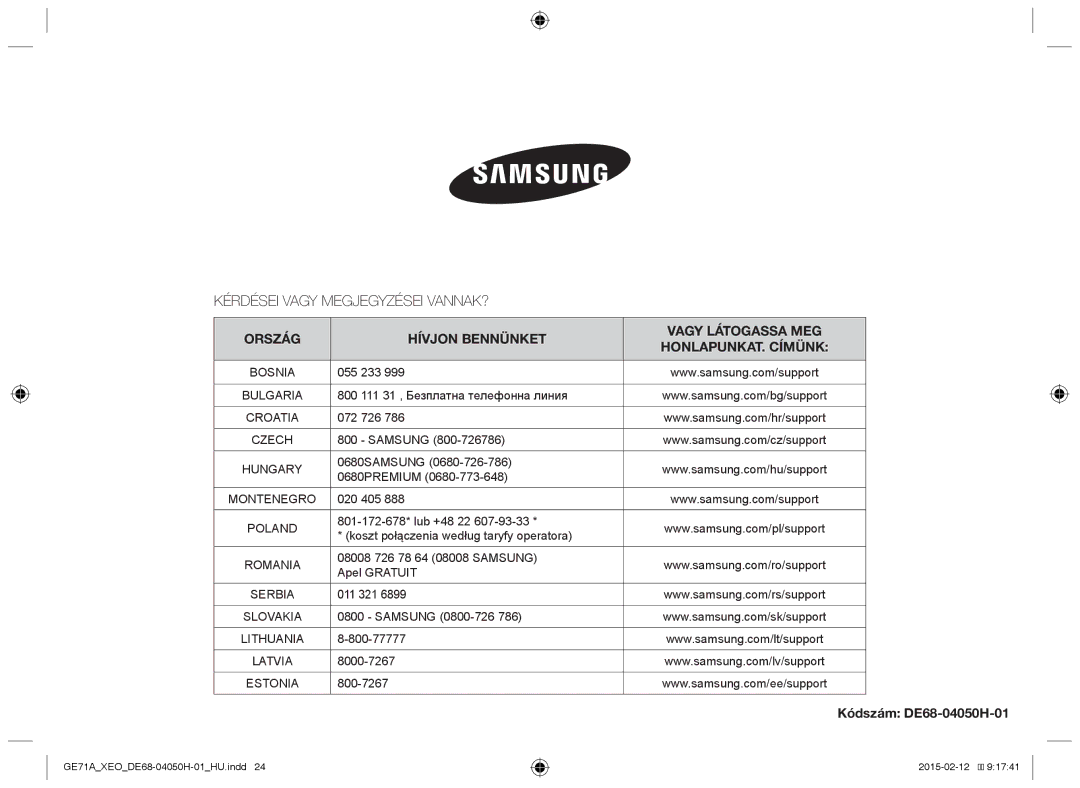 Samsung GE71A/XEO, GE71A/ELE manual Kérdései Vagy Megjegyzései VANNAK?, Kódszám DE68-04050H-01 