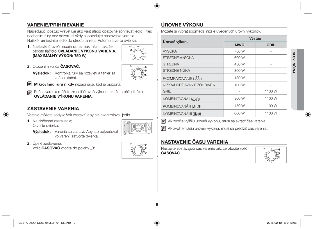 Samsung GE71A/ELE, GE71A/XEO manual Varenie/Prihrievanie, Zastavenie varenia, Úrovne výkonu, Nastavenie času varenia 