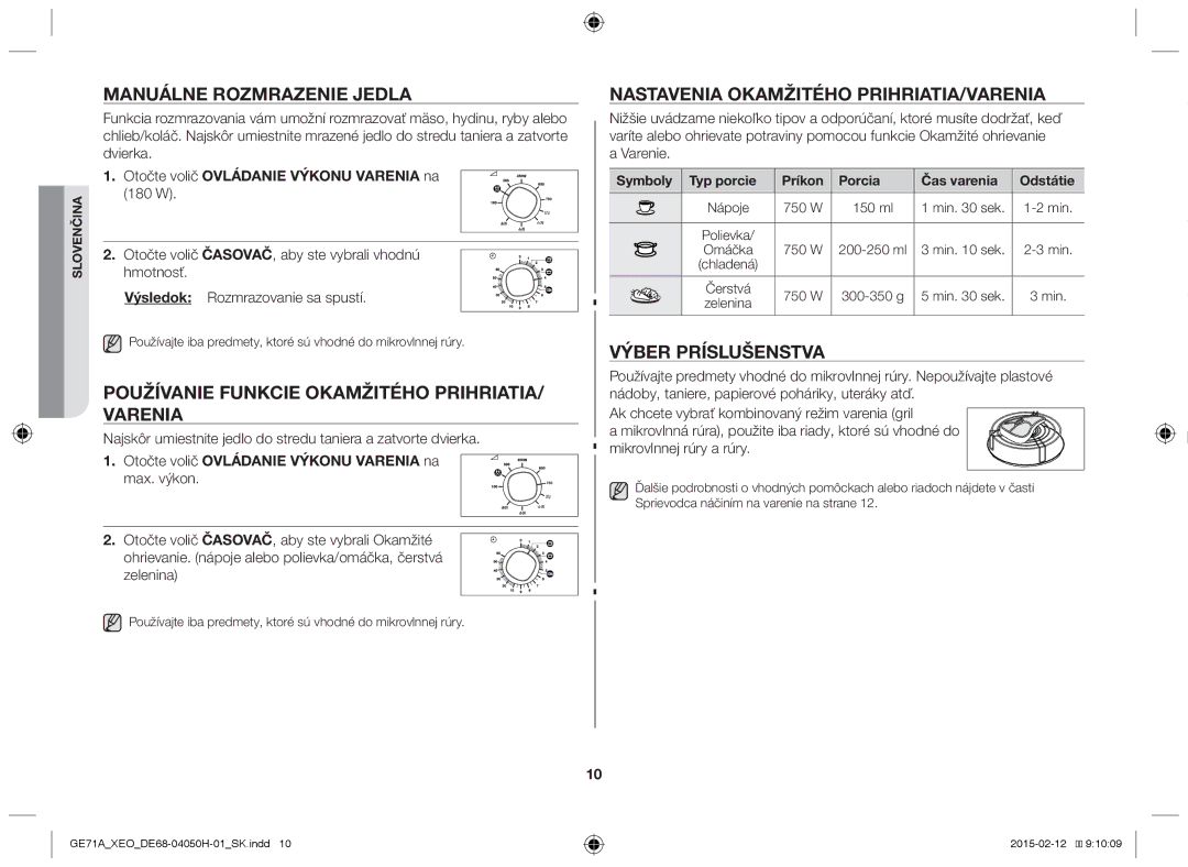 Samsung GE71A/XEO manual Manuálne rozmrazenie jedla, Používanie funkcie okamžitého prihriatia/ varenia, Výber príslušenstva 