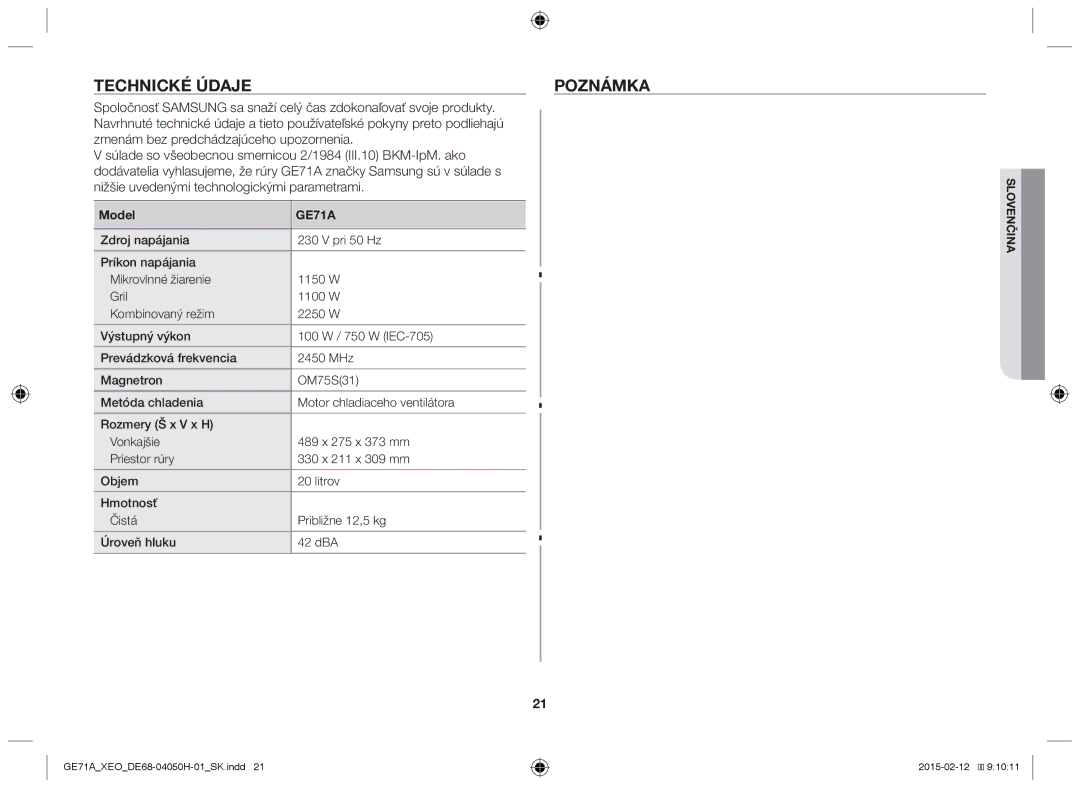 Samsung GE71A/ELE, GE71A/XEO manual Technické údaje Poznámka, Model 