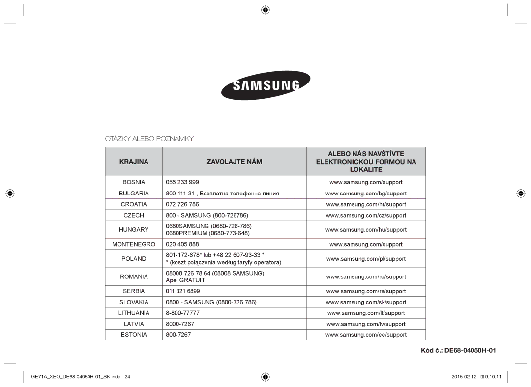 Samsung GE71A/XEO, GE71A/ELE manual Otázky Alebo Poznámky, Kód č. DE68-04050H-01 