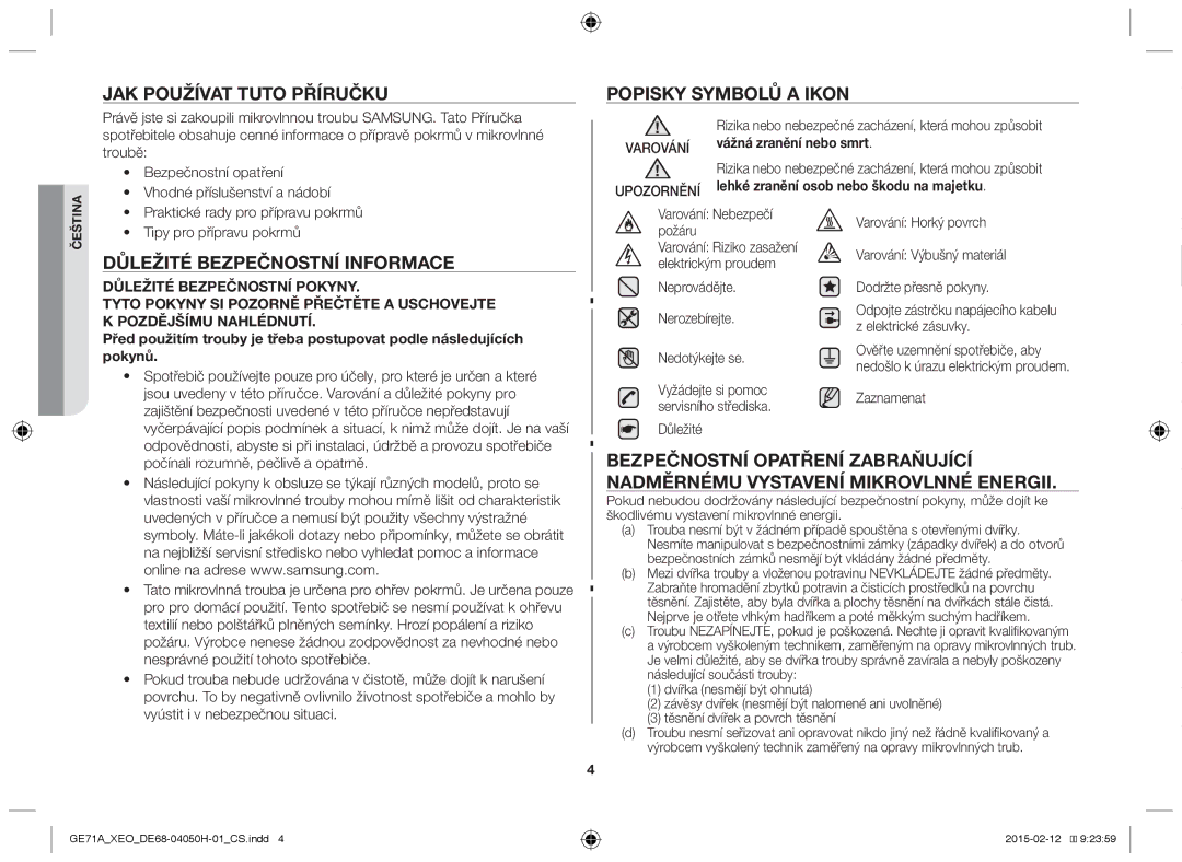 Samsung GE71A/XEO, GE71A/ELE manual Jak používat tuto příručku Popisky symbolů a ikon, Důležité bezpečnostní informace 