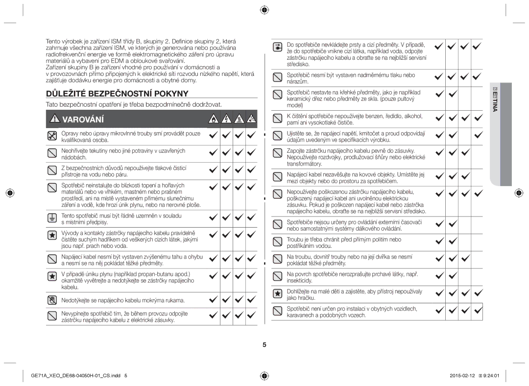 Samsung GE71A/ELE, GE71A/XEO Důležité bezpečnostní pokyny, Tato bezpečnostní opatření je třeba bezpodmínečně dodržovat 