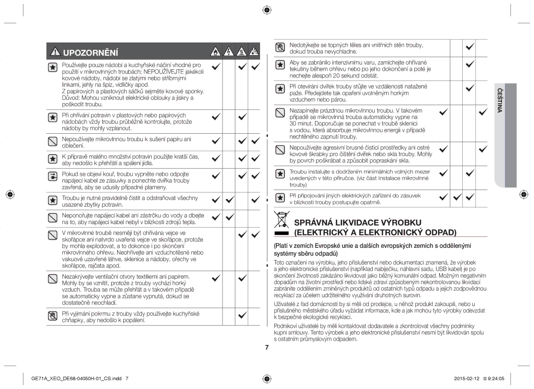 Samsung GE71A/ELE Správná likvidace výrobku Elektrický a elektronický odpad, Paže. Předejdete tak opaření uvolněným horkým 