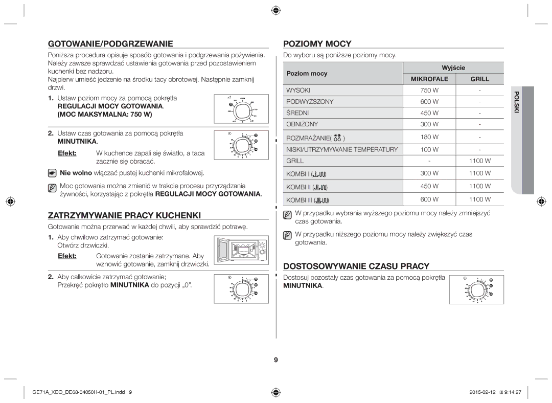 Samsung GE71A/ELE manual Gotowanie/Podgrzewanie, Zatrzymywanie pracy kuchenki, Poziomy mocy, Dostosowywanie czasu pracy 