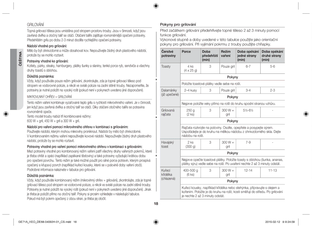 Samsung GE71A/XEO, GE71A/ELE Grilování, Čerstvé Porce Doba Režim, Potraviny, Vaření Jedné strany Druhé strany Min Toasty 