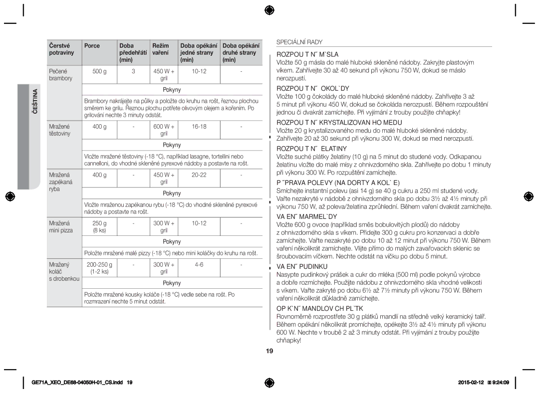 Samsung GE71A/ELE, GE71A/XEO manual Vaření Jedné strany Druhé strany Min 