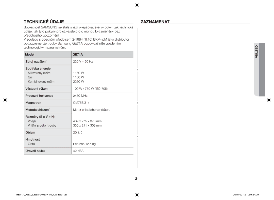 Samsung GE71A/ELE, GE71A/XEO manual Technické údaje Zaznamenat, Model 