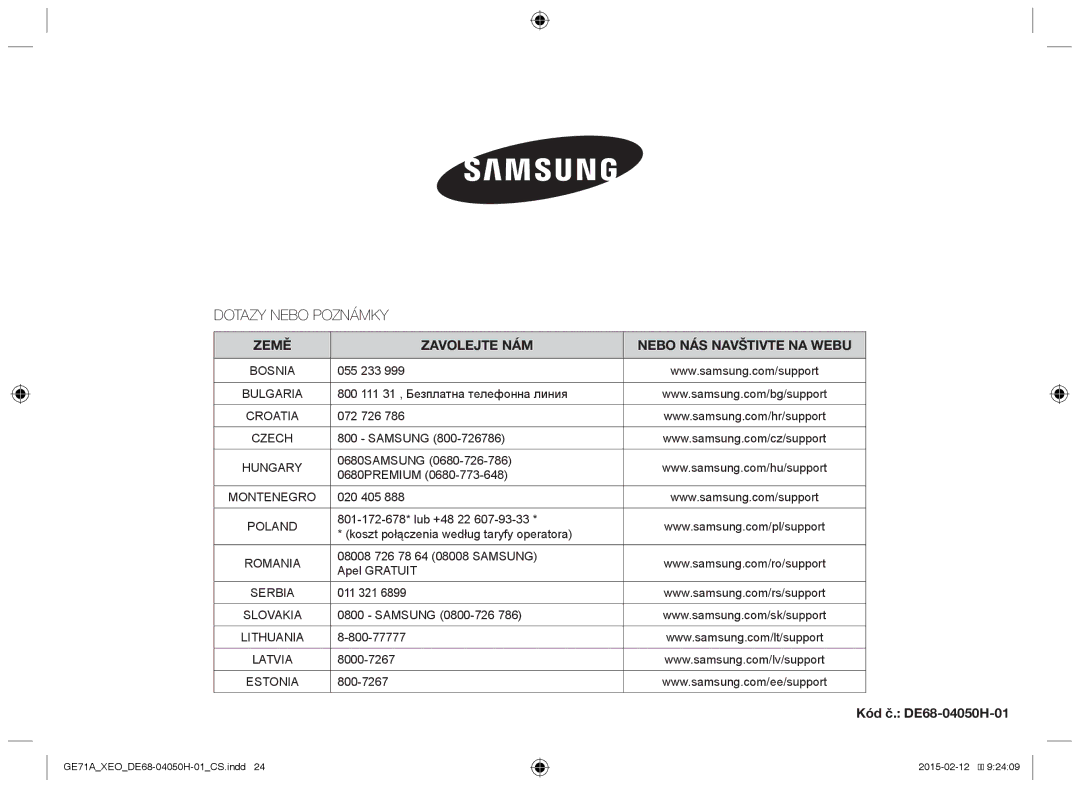 Samsung GE71A/XEO, GE71A/ELE manual Dotazy Nebo Poznámky, Země Zavolejte NÁM Nebo NÁS Navštivte NA Webu 