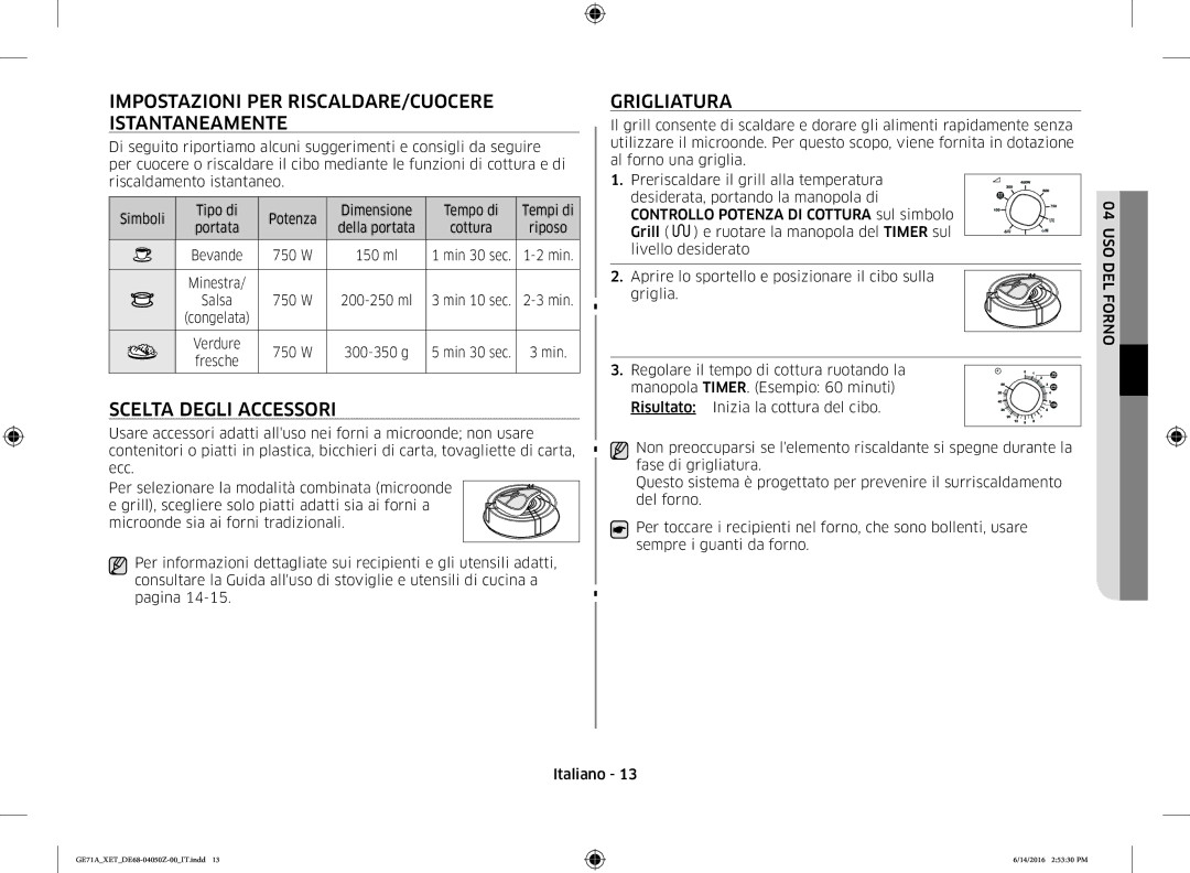 Samsung GE71A/XET Impostazioni PER RISCALDARE/CUOCERE Istantaneamente, Scelta Degli Accessori, Grigliatura, USO DEL Forno 