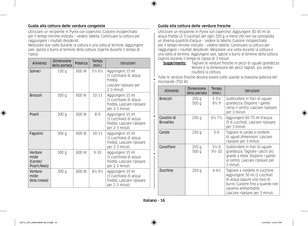 Samsung GE71A/XET Spinaci, Aggiungere 15 ml, Cucchiaio di acqua, Fredda, Lasciare riposare per, Minuti, Broccoli, Piselli 