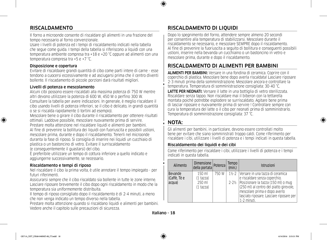 Samsung GE71A/XET manual Riscaldamento Riscaldamento DI Liquidi, Riscaldamento DI Alimenti PER Bambini, Nota 