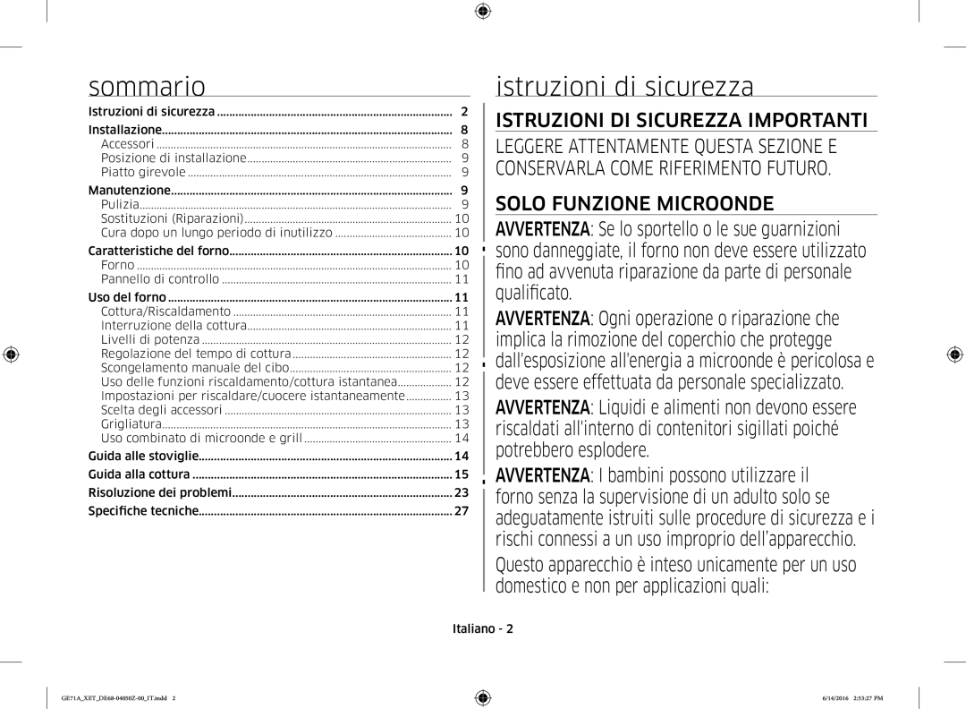 Samsung GE71A/XET Sommario, Istruzioni di sicurezza, Cura dopo un lungo periodo di inutilizzo, Risoluzione dei problemi 