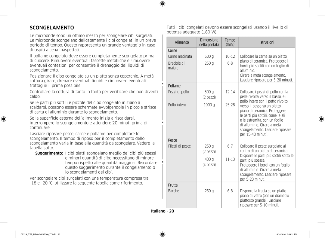 Samsung GE71A/XET manual Scongelamento 