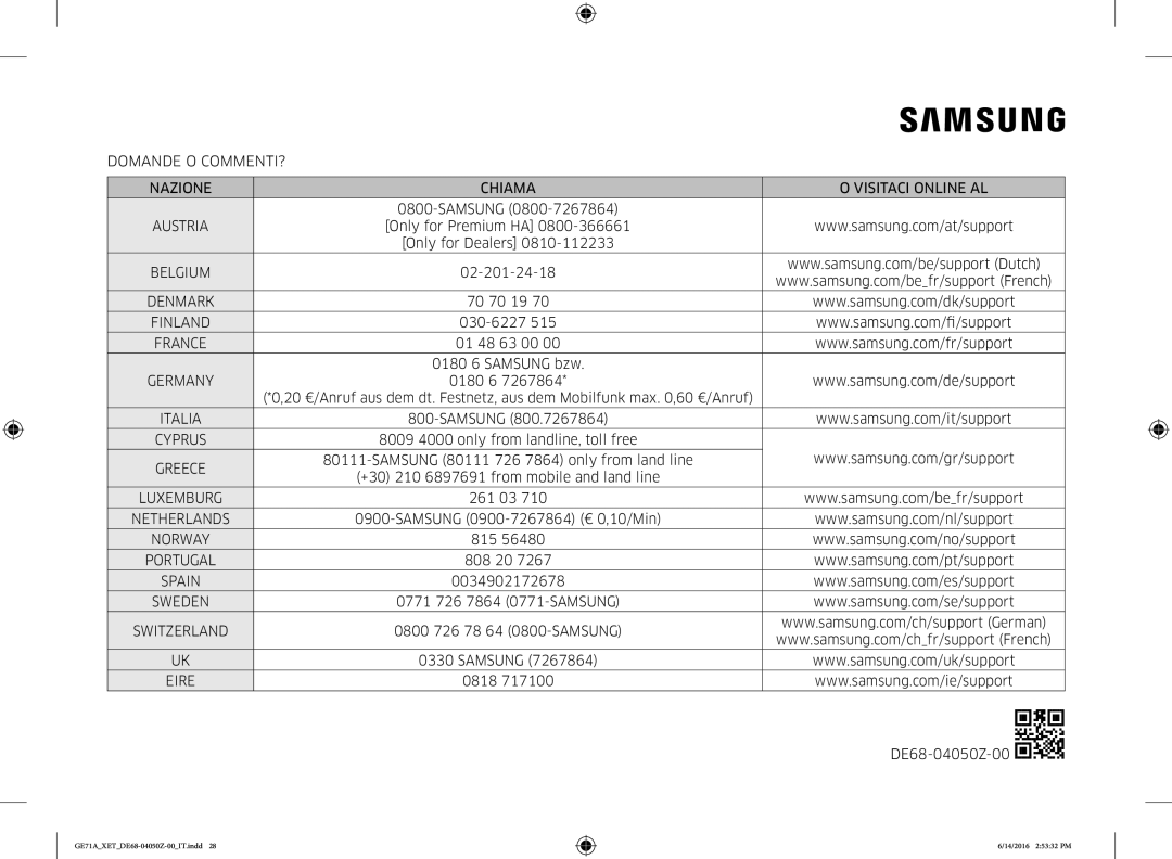 Samsung GE71A/XET Domande O COMMENTI? Nazione Chiama Visitaci Online AL, Belgium, Denmark, Finland, Luxemburg, Sweden 