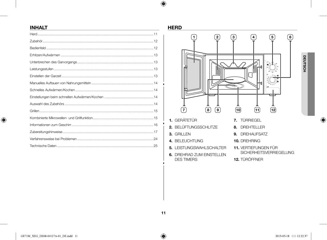 Samsung GE71M-X/XEG manual Inhalt, Herd 