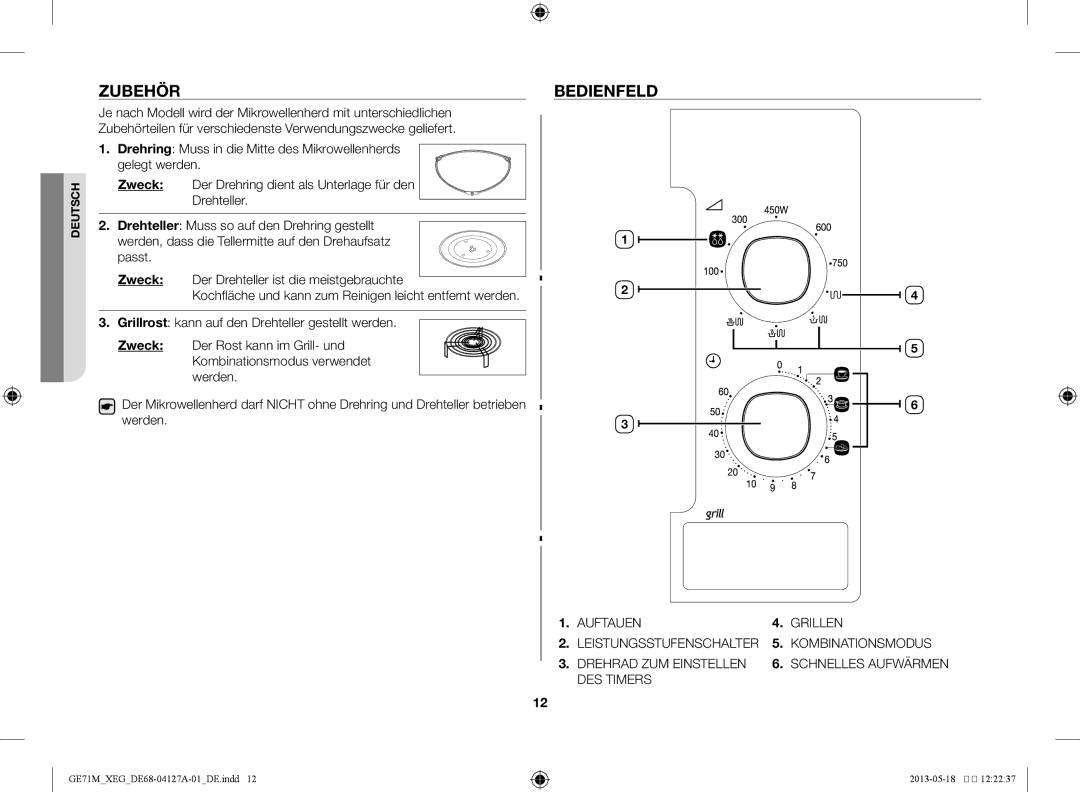 Samsung GE71M-X/XEG manual Zubehör Bedienfeld, Auftauen Grillen 