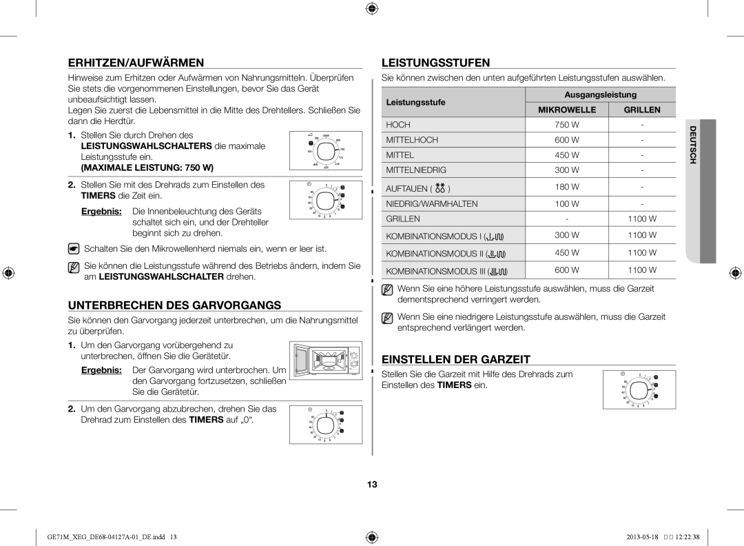 Samsung GE71M-X/XEG manual Erhitzen/Aufwärmen, Unterbrechen des Garvorgangs, Leistungsstufen, Einstellen der Garzeit 