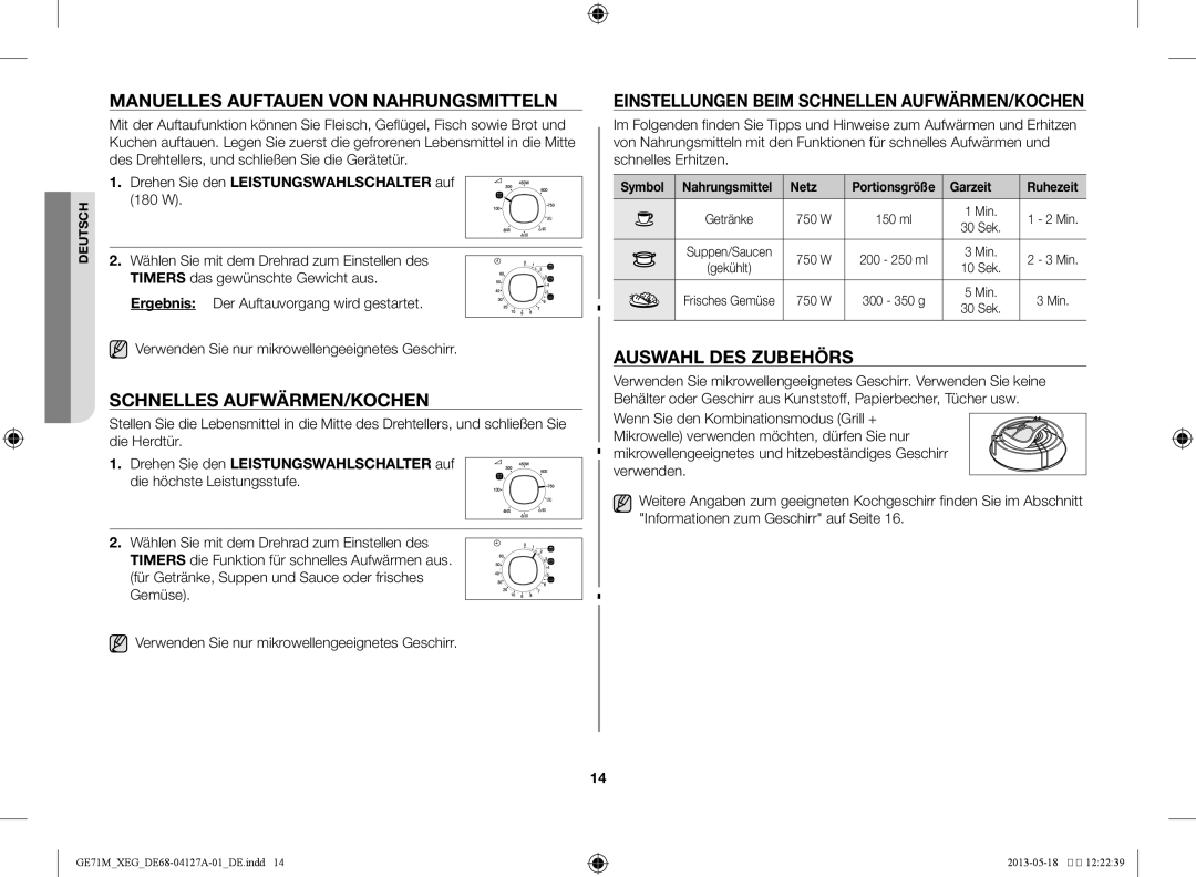 Samsung GE71M-X/XEG manual Manuelles Auftauen von Nahrungsmitteln, Schnelles Aufwärmen/Kochen, Auswahl des Zubehörs 