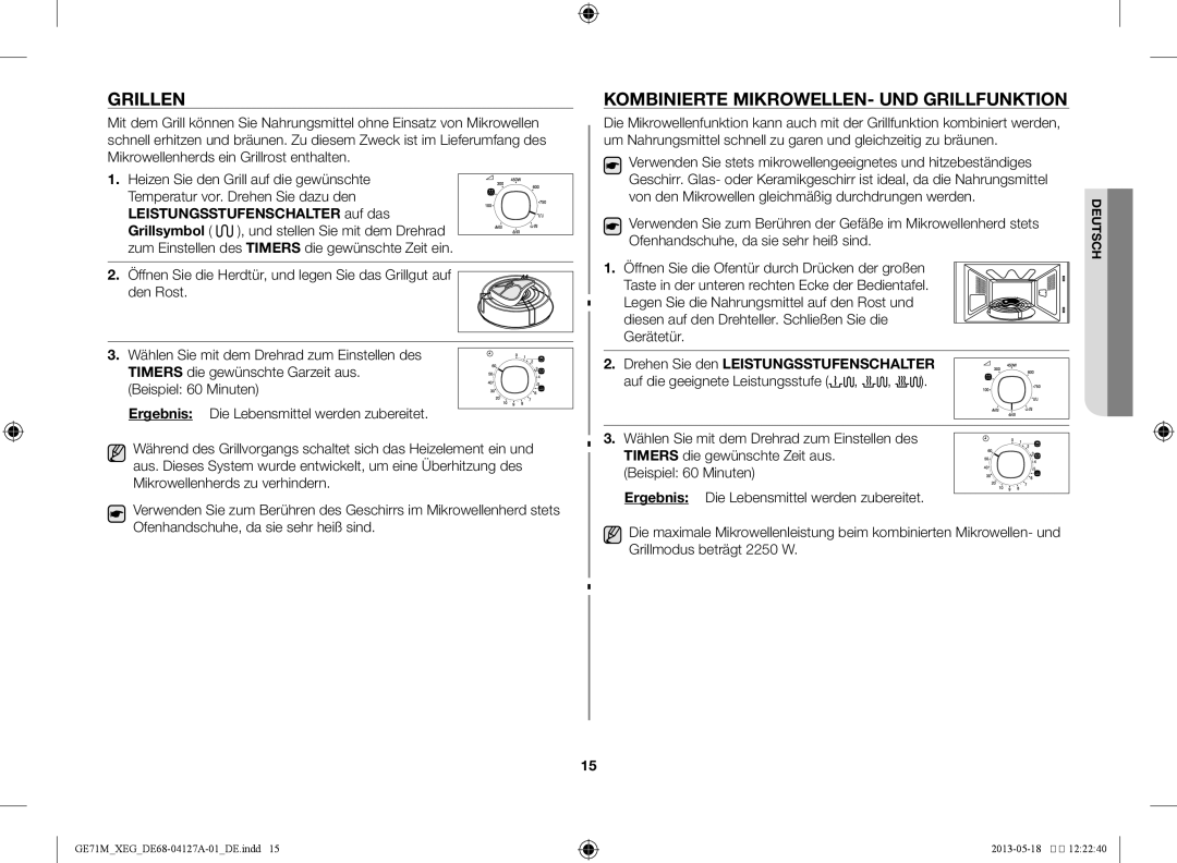 Samsung GE71M-X/XEG manual Grillen, Kombinierte Mikrowellen- und Grillfunktion 