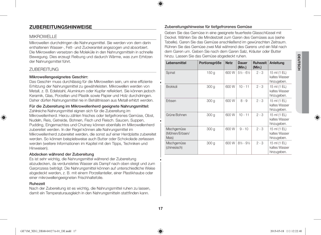 Samsung GE71M-X/XEG manual Zubereitungshinweise, Mikrowelle 