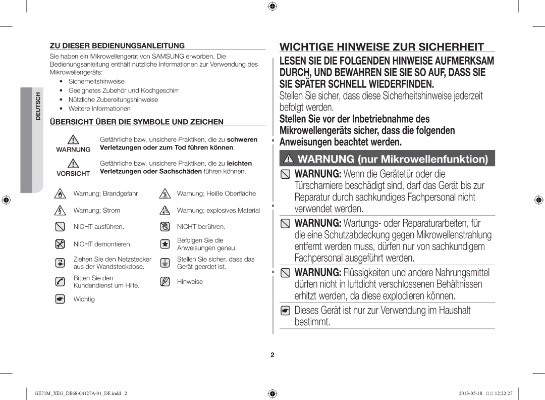 Samsung GE71M-X/XEG manual Anweisungen beachtet werden 