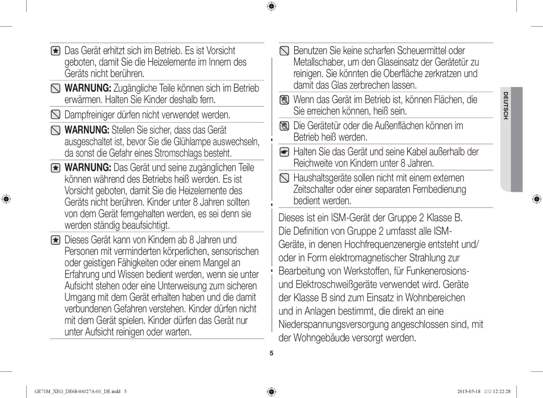 Samsung GE71M-X/XEG manual Dampfreiniger dürfen nicht verwendet werden 