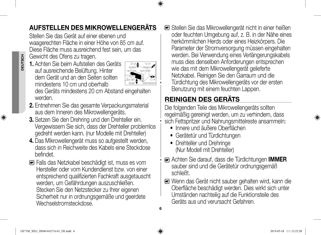 Samsung GE71M-X/XEG manual Aufstellen des Mikrowellengeräts 