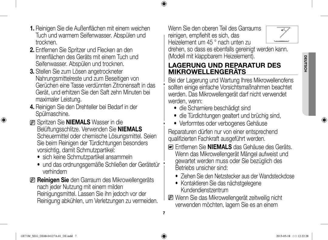 Samsung GE71M-X/XEG manual Lagerung und Reparatur des 