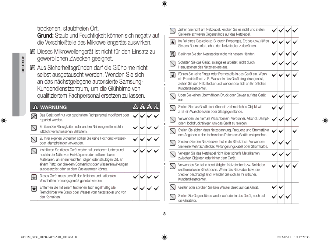 Samsung GE71M-X/XEG manual Trockenen, staubfreien Ort 